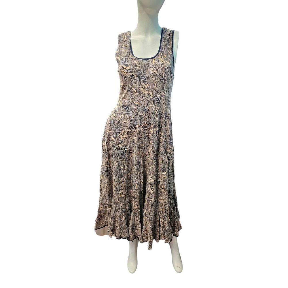 YAZA Berkeley Tan Navy Printed Maxi Dress SZ Small
